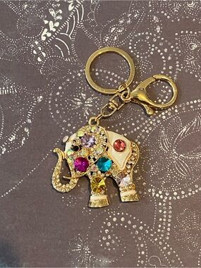 Gold Elephant Crystal Bag Charm or Keychain - Multicolor Gem Accent